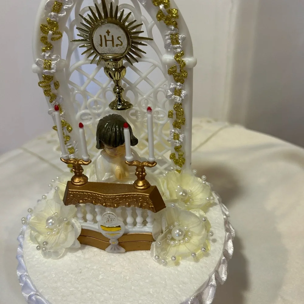 Elegant White and Gold First Communion Cake Topper